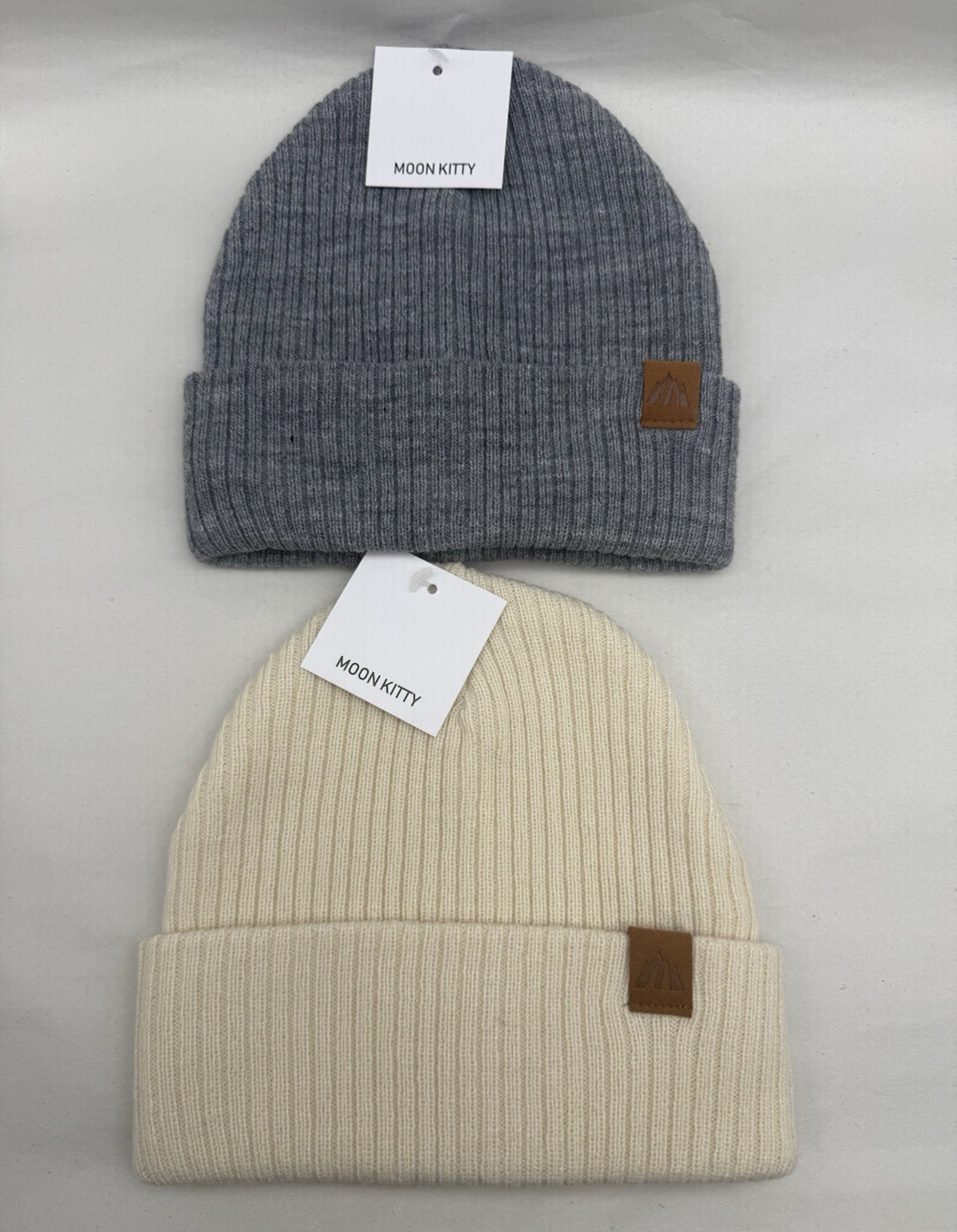 Moon Kitty Beanie Beige and Gray Size M 100% Acrylic NWT 2-pieces